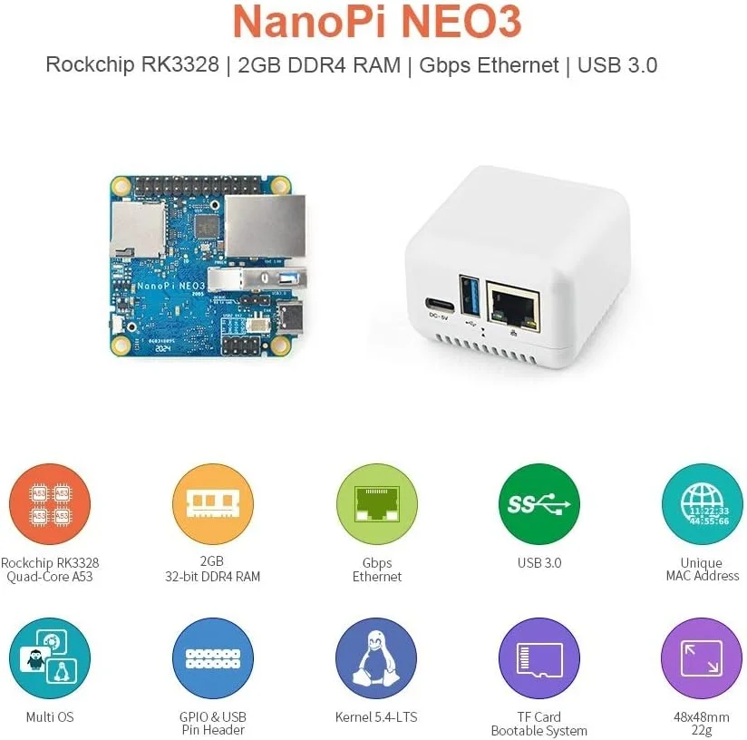 کامپیوتر تک بردی کوچک FriendlyElec NanoPi NEO3 با پردازنده Rockchip RK3328 برای اینترنت اشیا (2 گیگابایت رم، با قاب و هیت سینک)
