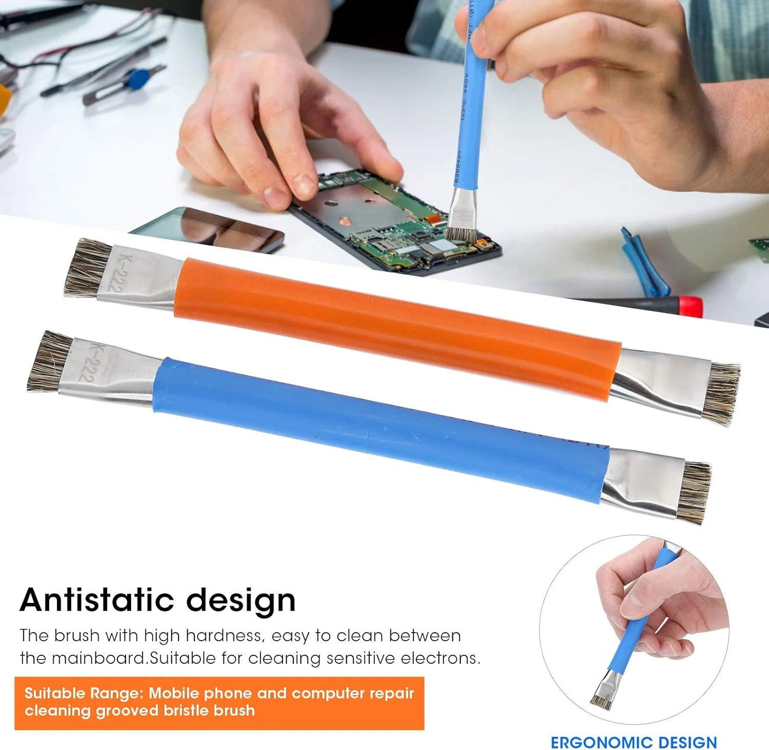 ست برس تمیز کننده آی سی مادربرد گوشی موبایل، برس آنتی استاتیک دو سر، برس مویی شیاردار برای موبایل/تبلت (2 عدد)