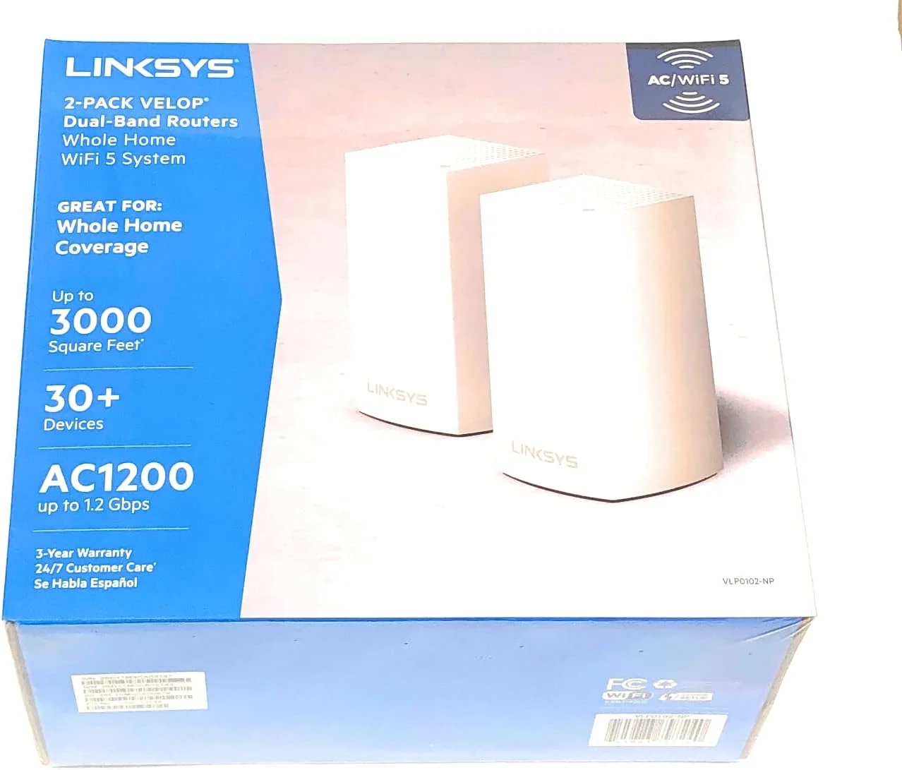 سیستم وای فای مش خانگی Linksys Velop، پوشش 278 متر مربع، پشتیبانی از 20+ دستگاه، سرعت 1.3 گیگابیت بر ثانیه - VLP0102-NP
