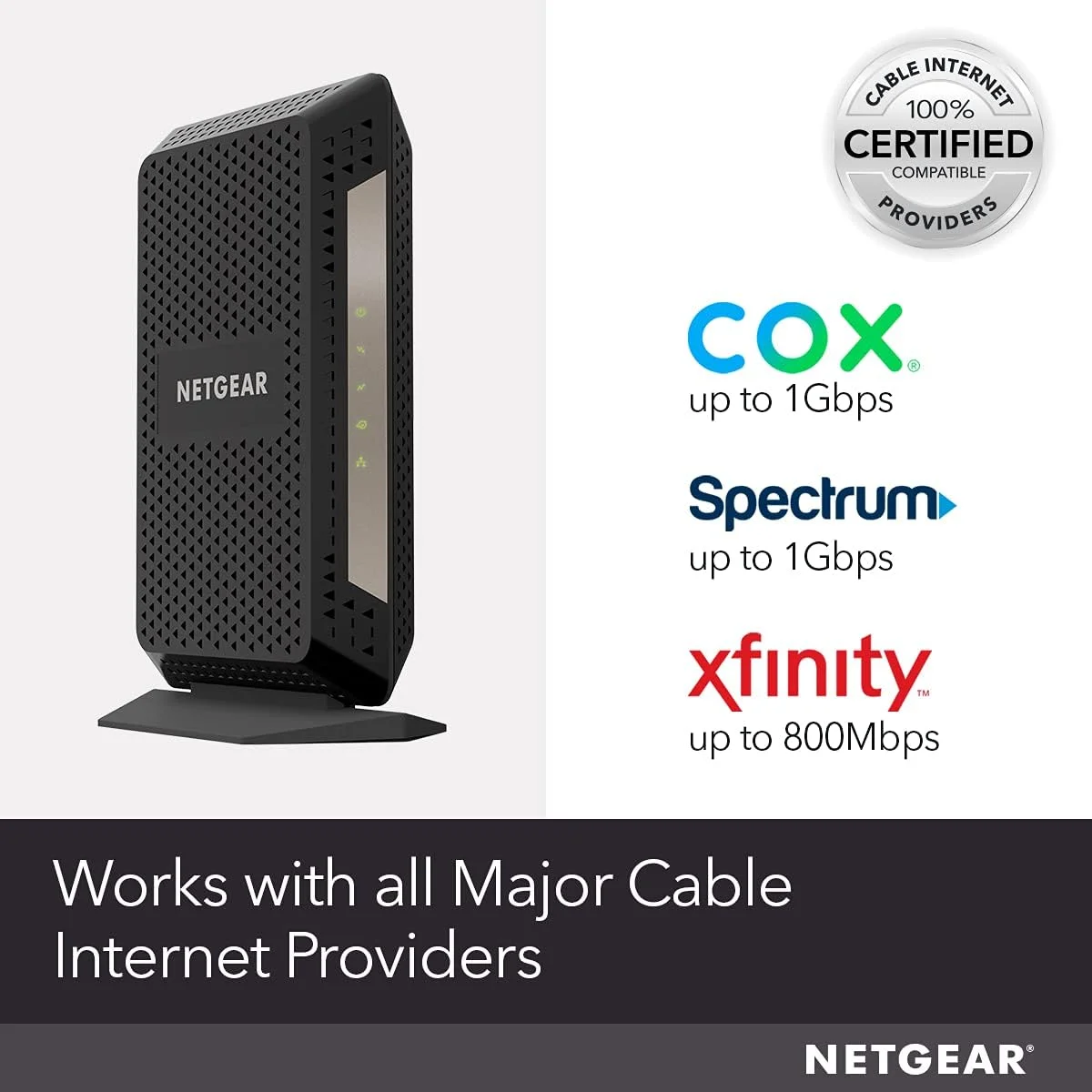 مودم کابلی گیگابیتی NETGEAR DOCSIS 3.1. حداکثر سرعت دانلود 6.0 گیگابیت بر ثانیه، برای XFINITY توسط Comcast، Spectrum و سازگار با سرعت گیگ از Xfinity (CM1000)