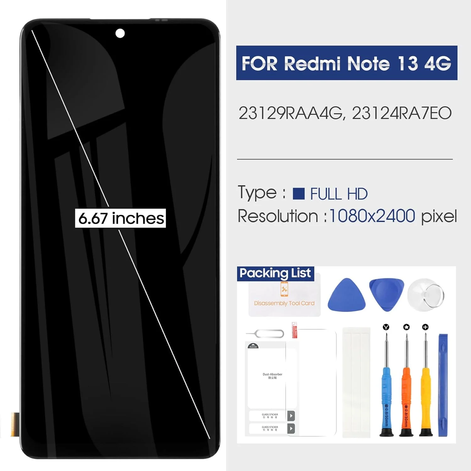 صفحه نمایش LCD برای شیائومی Redmi Note 13 4G مدل 23129RAA4G 23124RA7EO به همراه ابزار تعمیر (مشکی)