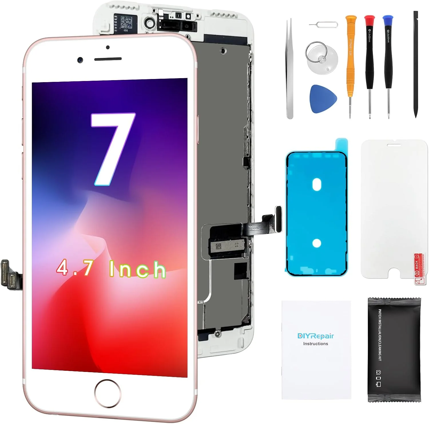 تعویض صفحه نمایش با کیفیت DIYREpair برای آیفون 7 (4.7 اینچ) - LCD لمسی کامل 3D - مجموعه تعویض شیشه نمایشگر دیجیتایزر لمسی LCD با چسب ضد آب، شیشه حرارت دیده، ابزار و دستورالعمل