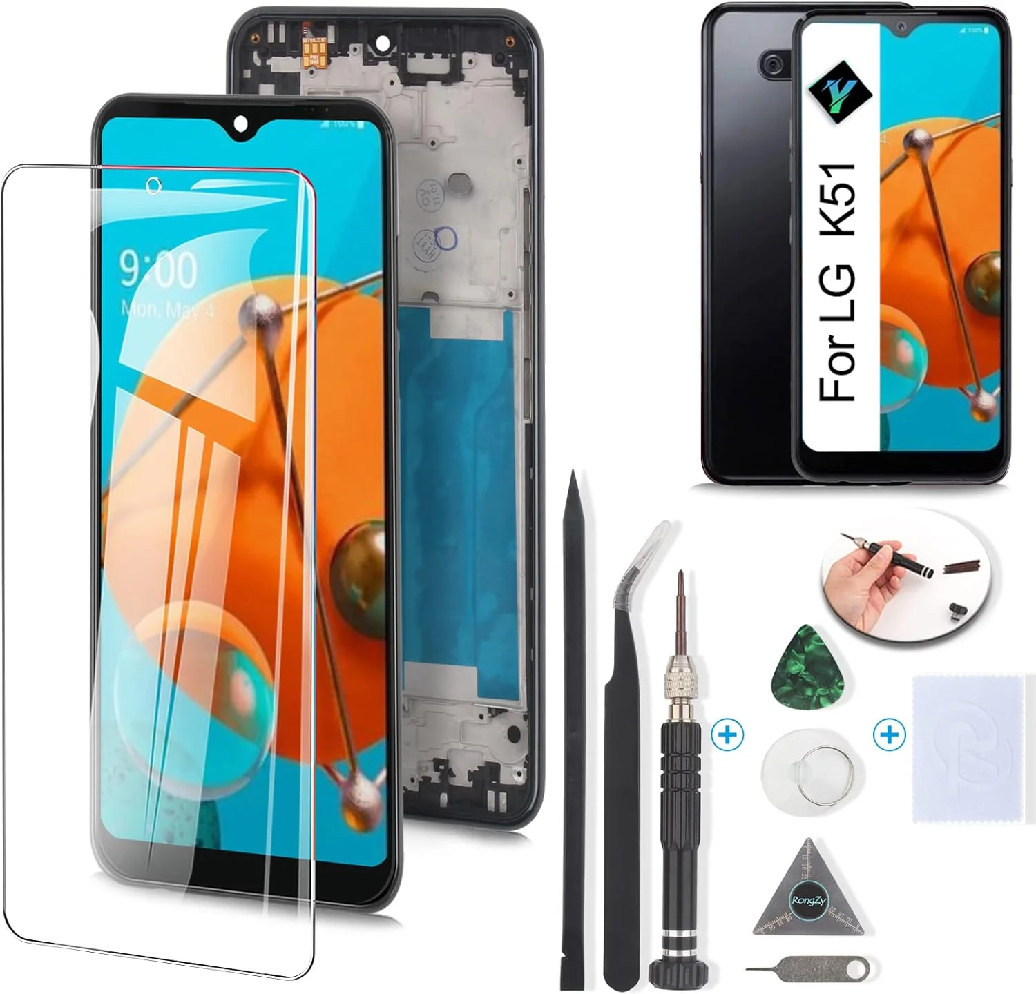 صفحه نمایش جایگزین YWLRONG برای LG K51، تاچ دیجیتایزر برای ال سی دی LG K51 مدل K500 K500UM K500KM K500MM LMK500MM، مجموعه پنل ال سی دی با کیت (مشکی با قاب)