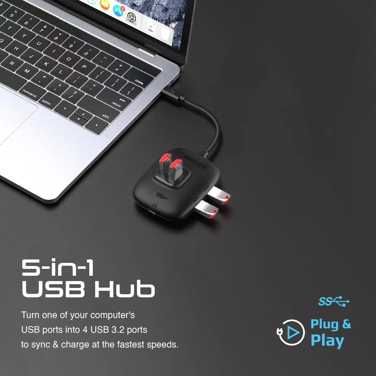 هاب USB-C پرومیت، آداپتور همگام سازی/شارژ 5 در 1 Type-C با آداپتور USB-A، پورت تحویل برق 100 واتی USB-C، 4 پورت USB 3.2 با سرعت 10 گیگابیت بر ثانیه و طراحی جمع و جور برای مک بوک پرو، سامسونگ کروم بوک پلاس، SnapHub-4