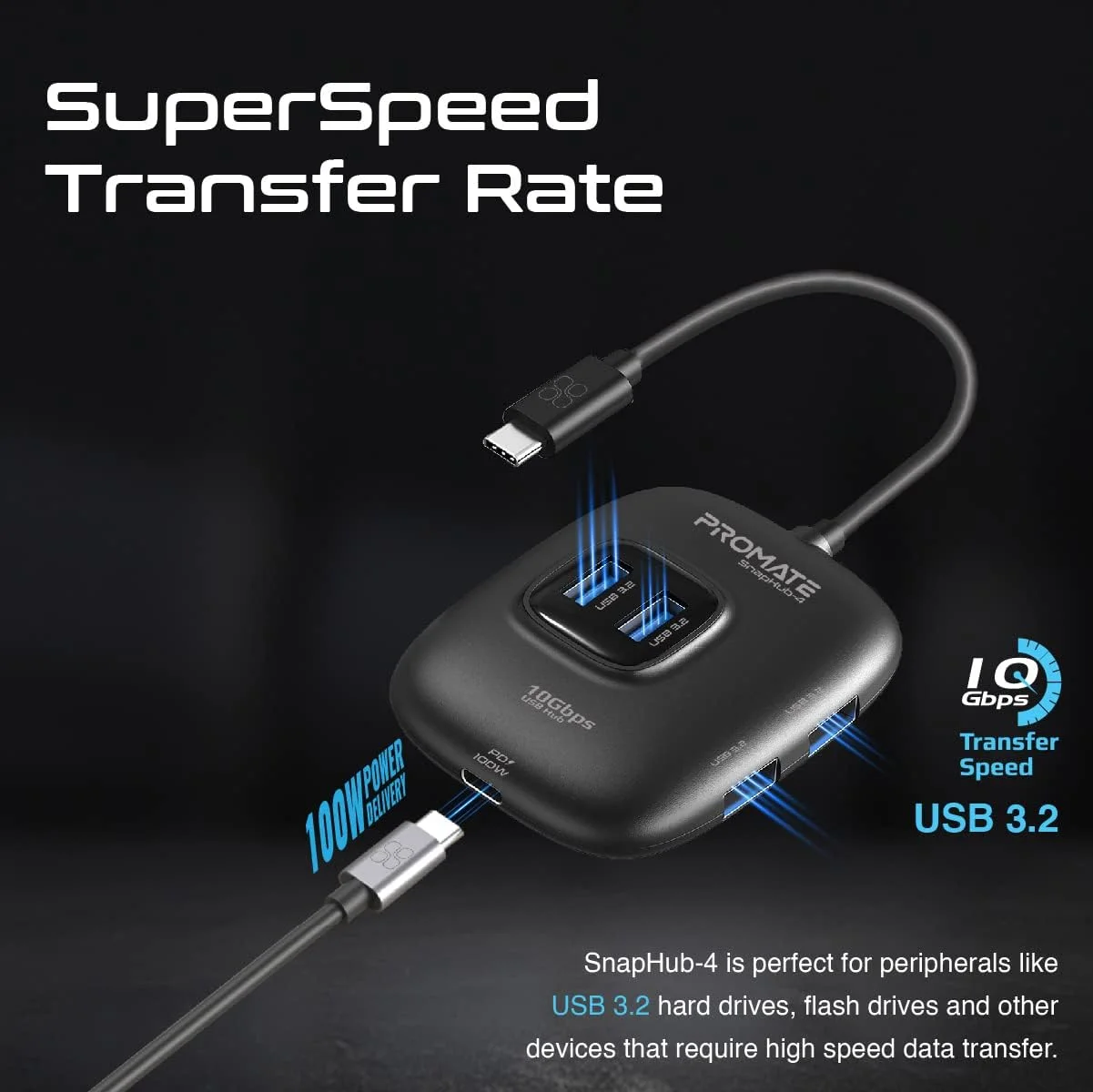 هاب USB-C پرومیت، آداپتور همگام سازی/شارژ 5 در 1 Type-C با آداپتور USB-A، پورت تحویل برق 100 واتی USB-C، 4 پورت USB 3.2 با سرعت 10 گیگابیت بر ثانیه و طراحی جمع و جور برای مک بوک پرو، سامسونگ کروم بوک پلاس، SnapHub-4