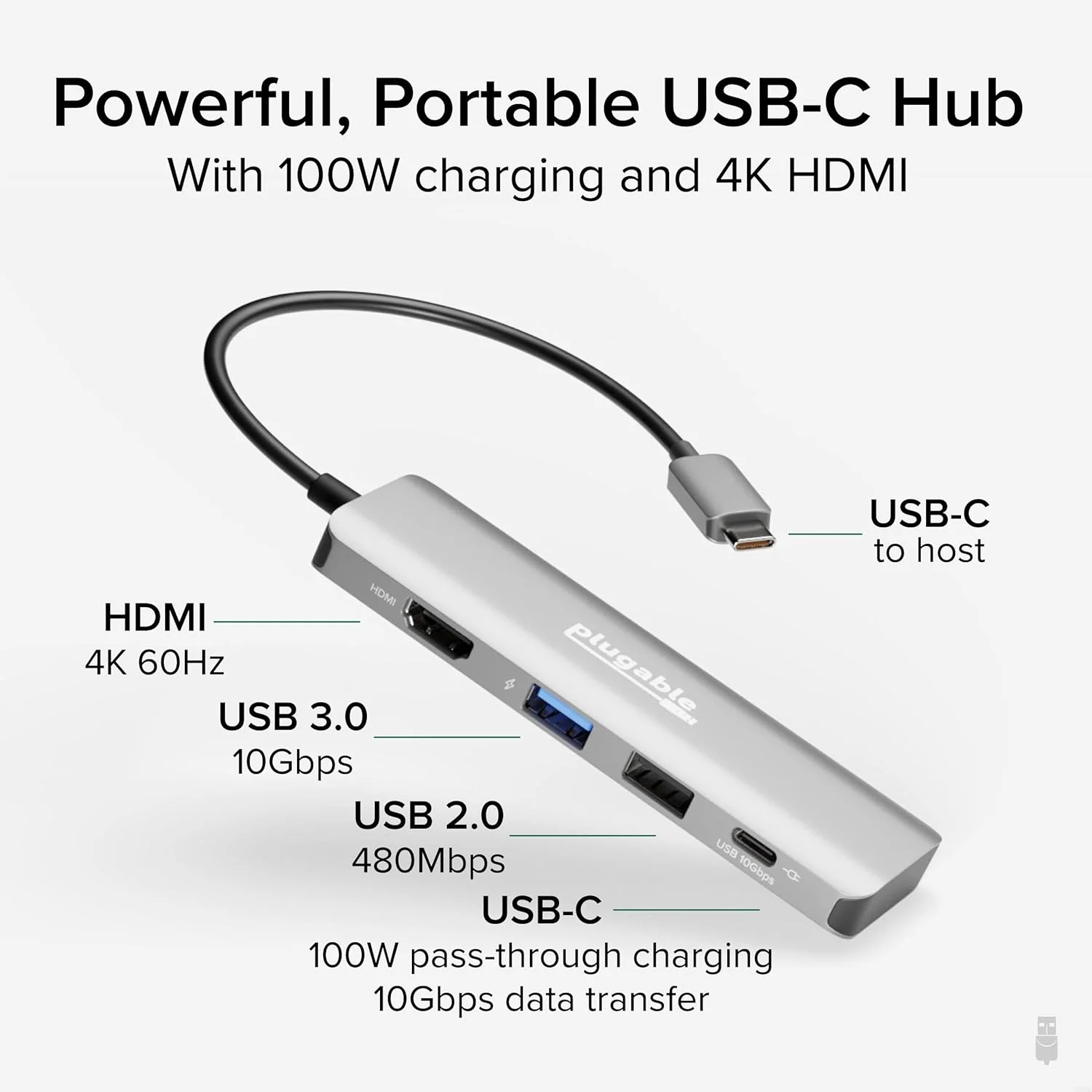آداپتور هاب چند پورت USB C پلاگبل، 4 در 1، شارژ عبوری 100 واتی، USB C به HDMI 4K 60 هرتز، هاب چند پورت USB برای ویندوز، مک، آیپد پرو، کروم بوک، تاندربولت (USBC-4IN1)