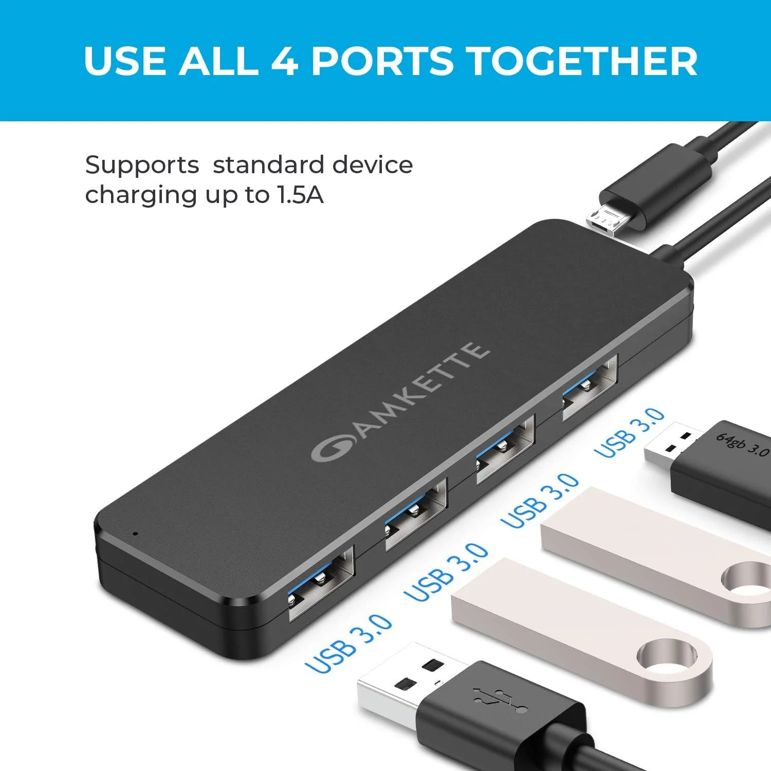 هاب USB 3.0 نوع C آمکت با 4 پورت برای لپ تاپ، مک بوک، کروم بوک، تبلت و تلفن های هوشمند (مشکی)