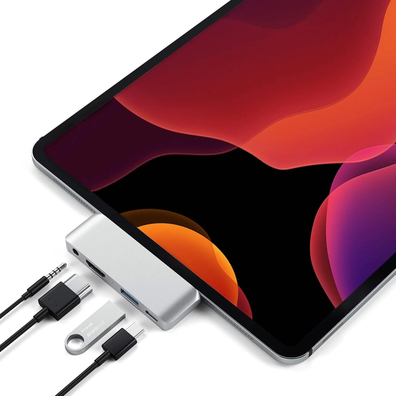 آداپتور هاب موبایل پرو تایپ سی Satechi با شارژ USB-C PD، خروجی HDMI 4K، پورت USB 3.0 و جک هدفون 3.5 میلی‌متری – برای آیپد پرو M2/ M1، آیپد ایر M1، آیپد مینی و غیره (نقره‌ای)