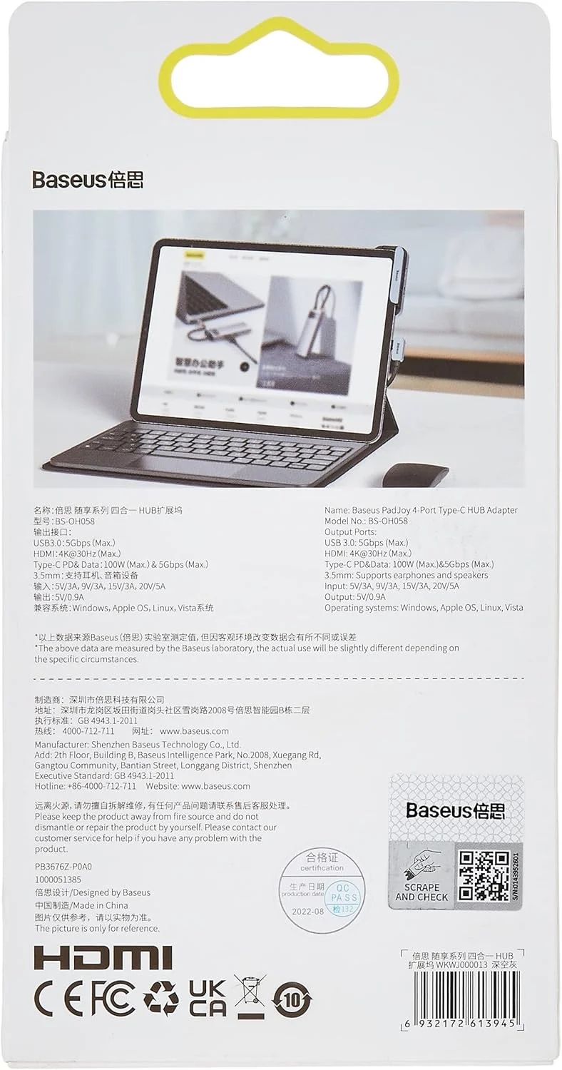 آداپتور هاب 4 پورت Type-C بیسوس مدل PadJoy - خاکستری تیره