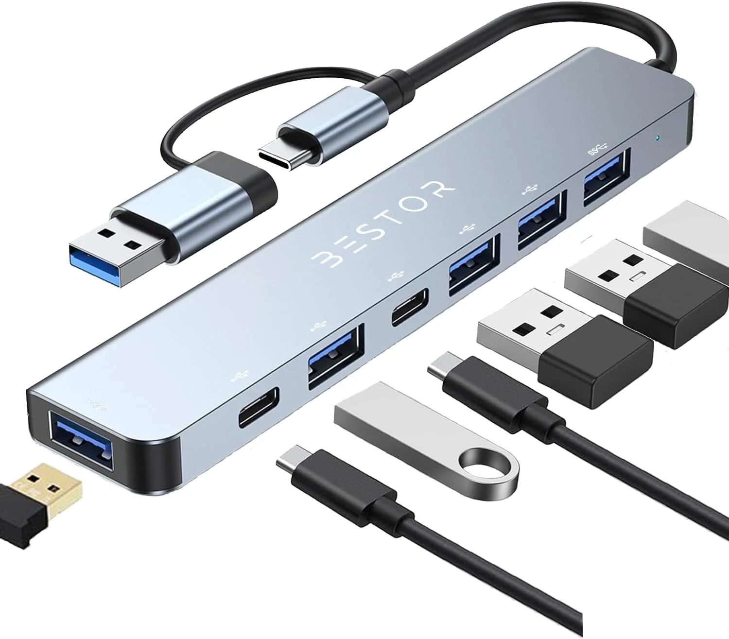 هاب USB-C بستور 7 در 1 با مبدل USB-A، 1x USB 3.0، 4X USB 2.0، USB-C، پورت شارژ 60W PD و سرعت انتقال داده سریع تا 5 گیگابیت بر ثانیه - ایده آل برای مک بوک، آی مک، سرفیس پرو و فراتر از آن