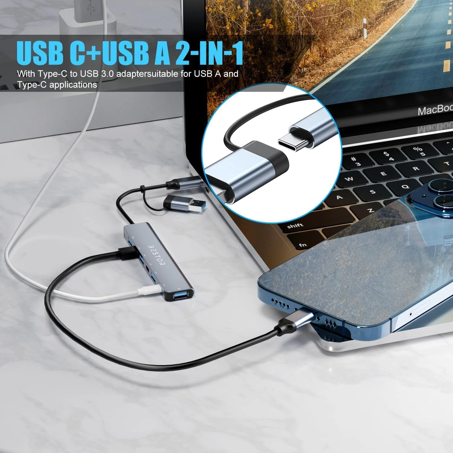 هاب USB-C بستور 7 در 1 با مبدل USB-A، 1x USB 3.0، 4X USB 2.0، USB-C، پورت شارژ 60W PD و سرعت انتقال داده سریع تا 5 گیگابیت بر ثانیه - ایده آل برای مک بوک، آی مک، سرفیس پرو و فراتر از آن