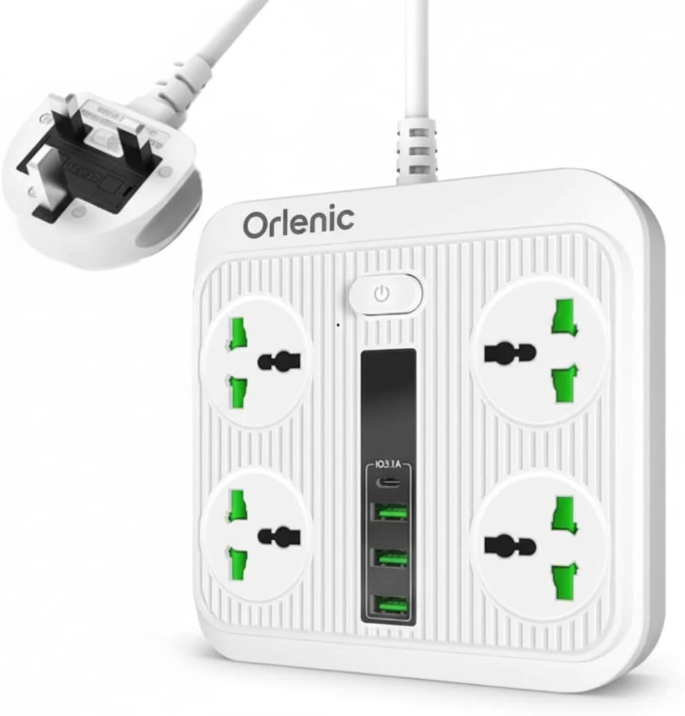 چندراهی برق با 4 پریز AC، 3 پورت USB و 1 پورت شارژ USB-C، کلیدهای جداگانه، محافظت در برابر اضافه بار، کابل 1.8 متری، محافظ برق برای خانه و دفتر
