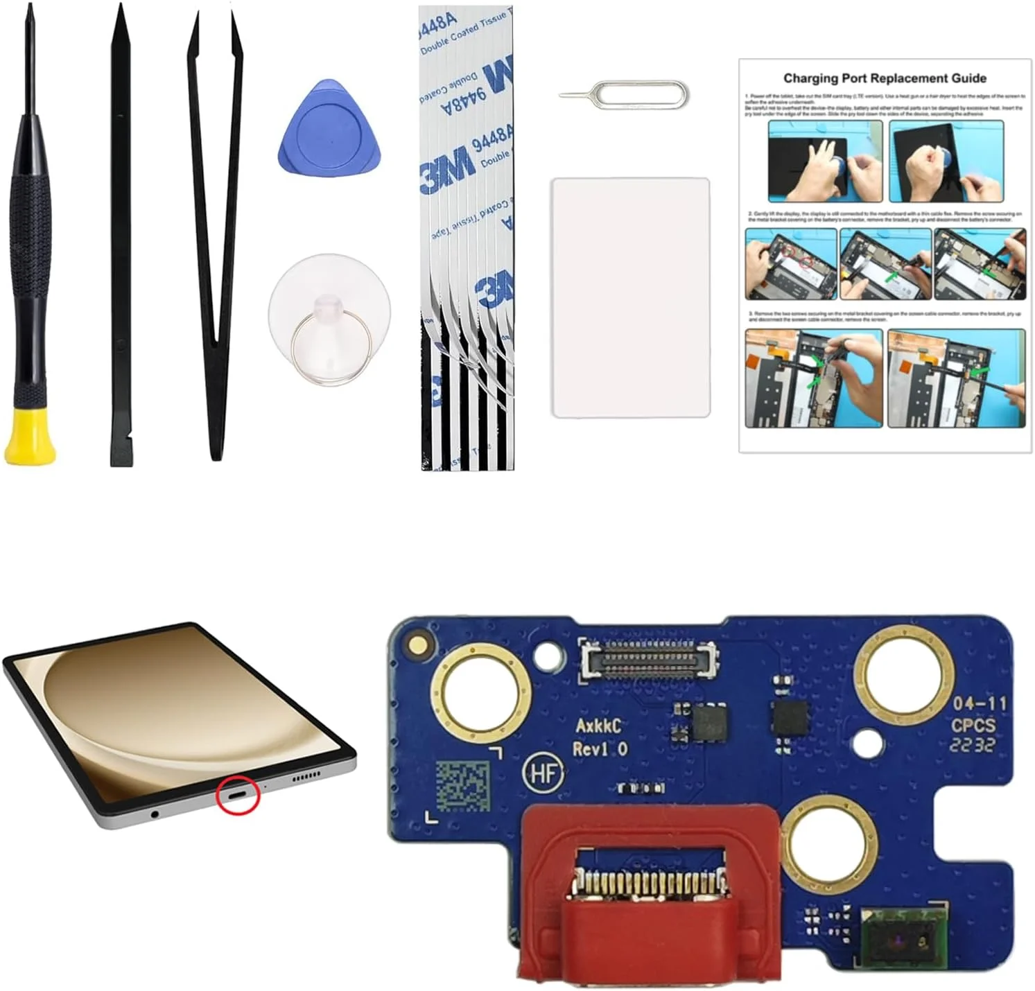 کیت تعویض درگاه شارژ GREEN FUSION سازگار با گلکسی تب A8 10.5 2021، برد داک کانکتور USB-C برای تبلت تب A8 10.5 2021 مدل SM-X200 SM-X205، به همراه دستورالعمل و ابزار