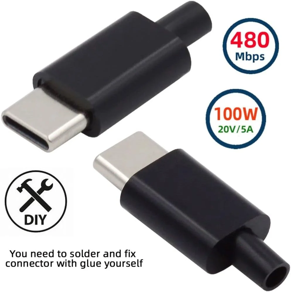 مجموعه 2 عددی کانکتور USB C DIY، کانکتور USB 3.1 نوع C با 24 پین PD100W، پورت نر، آداپتور لحیم کاری جایگزین با برد PCB و محفظه مشکی