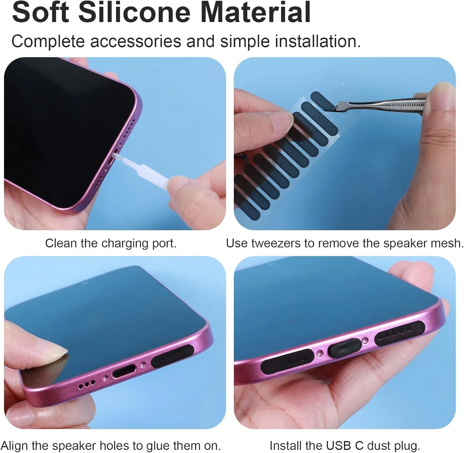 درپوش پورت شارژ USB نوع C با توری ضد گرد و غبار بلندگوی تلفن همراه، درپوش محافظ پورت شارژ و برس تمیز کننده USB نوع C مناسب برای اکثر تلفن های هوشمند