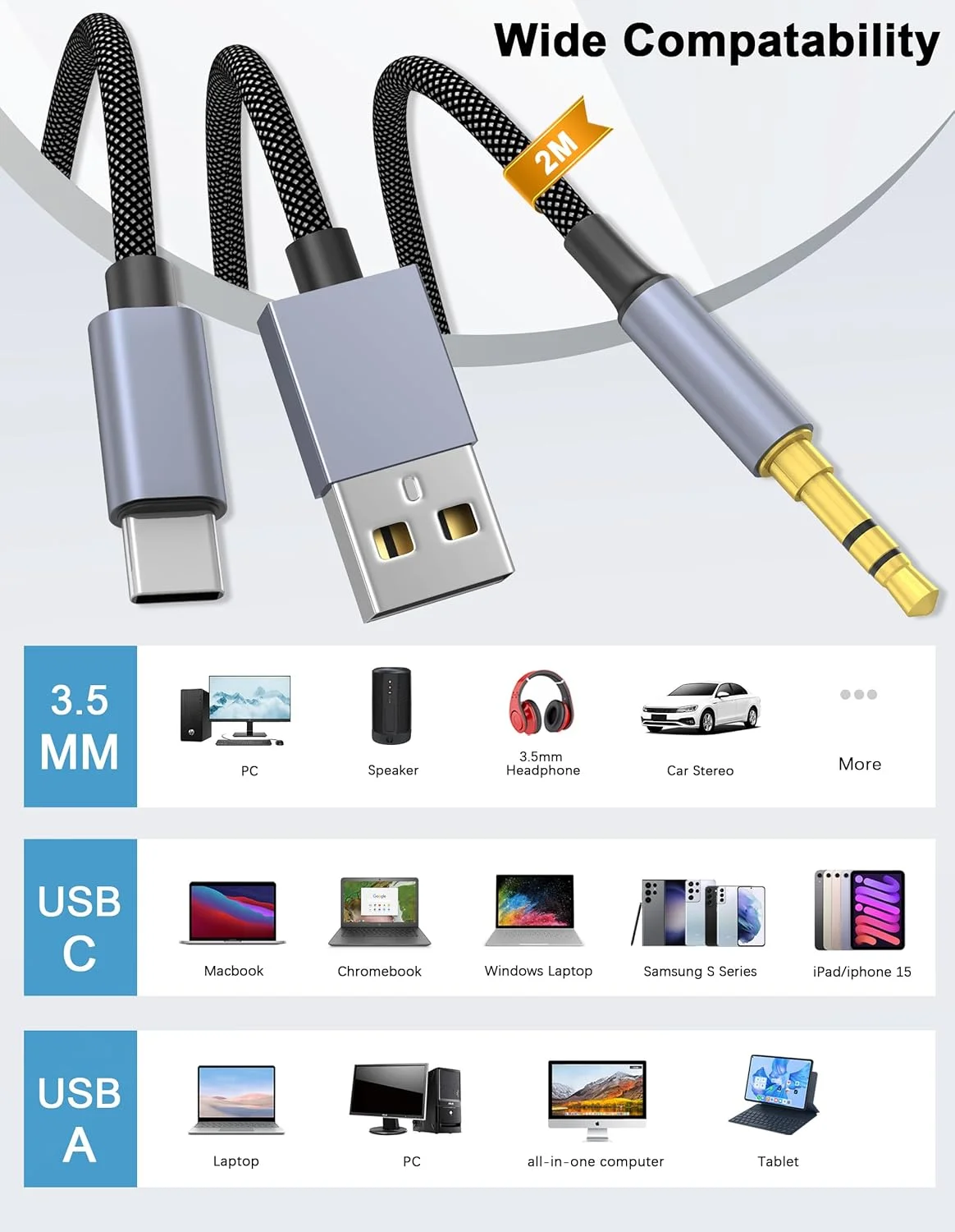 کابل صوتی USB C به AUX 3.5 میلی‌متری با قابلیت شارژ، کابل جک هدفون استریو AUX خودرو USB C به 3.5 میلی‌متری 2 در 1 با شارژ PD 18W سازگار با iPhone 15/15Pro، Galaxy S24+/S23/S22، Google Pixel 8 طول 2 متر