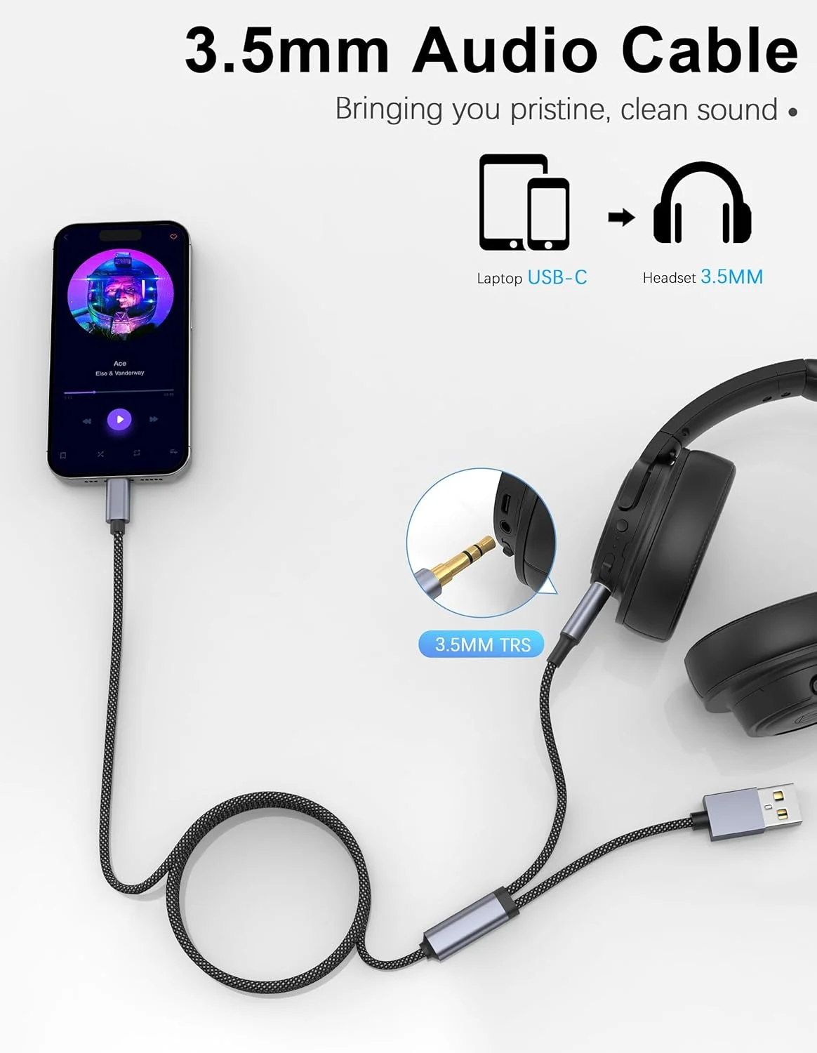 کابل صوتی USB C به AUX 3.5 میلی‌متری با قابلیت شارژ، کابل جک هدفون استریو AUX خودرو USB C به 3.5 میلی‌متری 2 در 1 با شارژ PD 18W سازگار با iPhone 15/15Pro، Galaxy S24+/S23/S22، Google Pixel 8 طول 2 متر