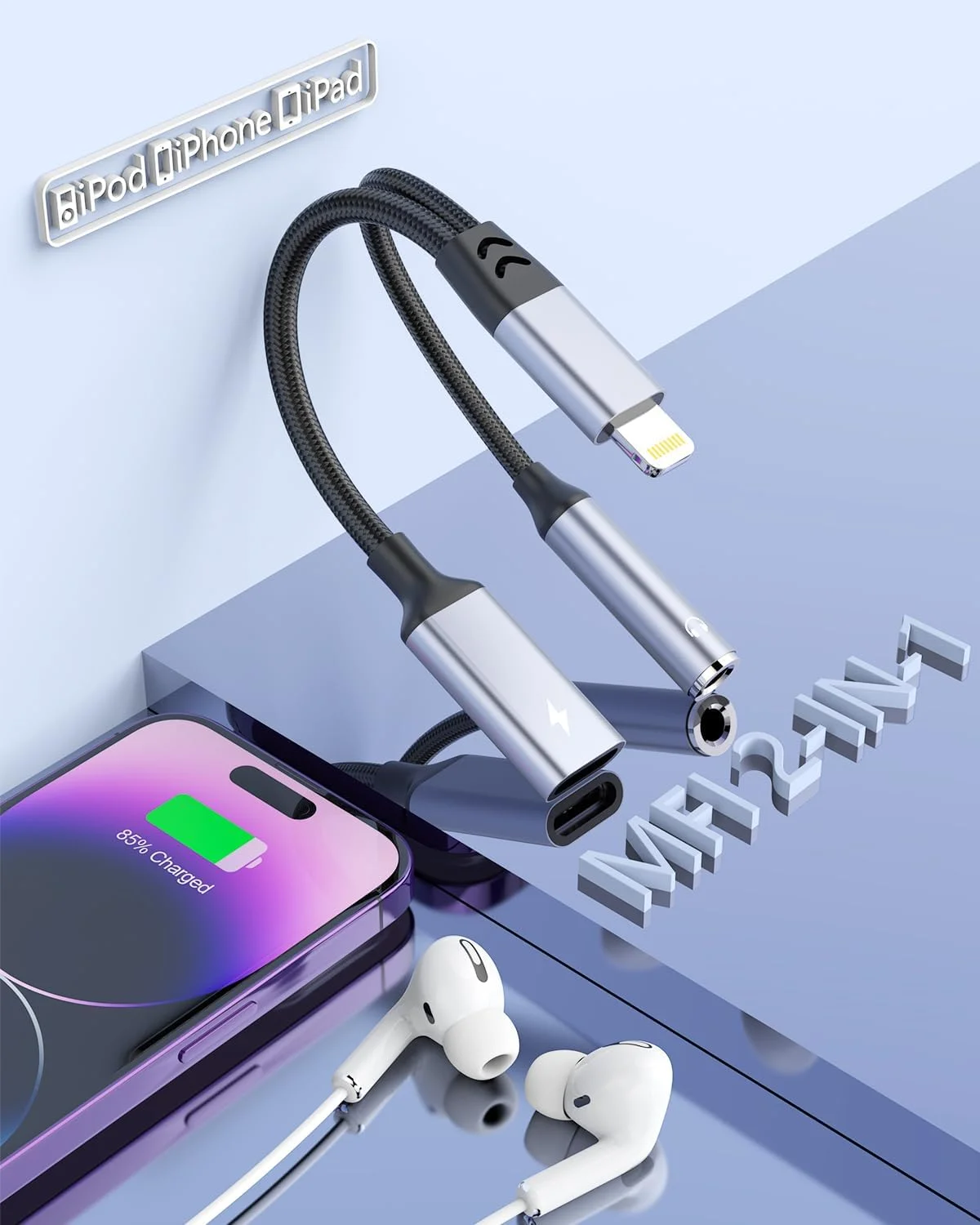 تبدیل کننده دوگانه لایتنینگ هدفون و شارژر برای آیفون، لایتنینگ به جک 3.5 میلی متری هدفون، دانگل تبدیل کننده کابل شارژ اسپلیتر صدا کمکی برای آیفون 14 13 12 11، آیپد