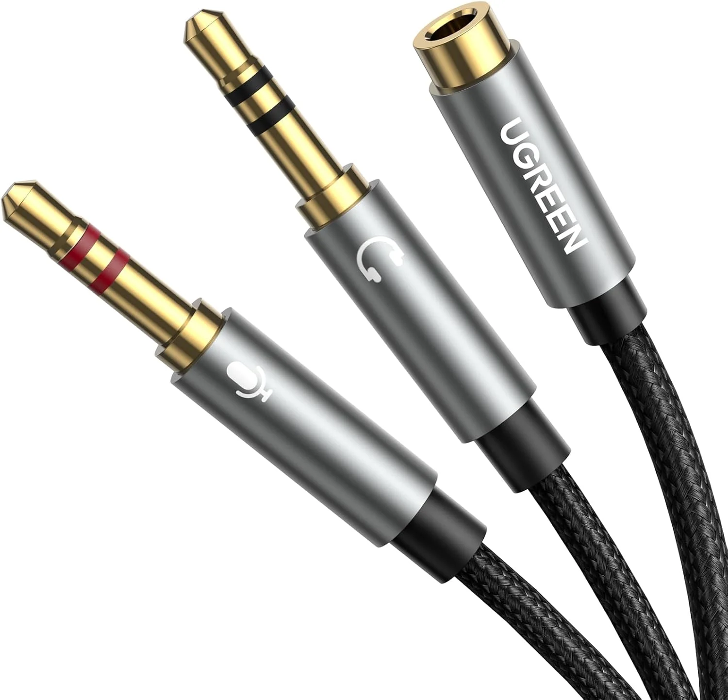 اسپلیتر هدفون UGREEN 3.5 میلی‌متری، تبدیل مادگی 3.5 میلی‌متری به دو پورت نری هدفون و میکروفون TRRS Y، سازگار با هدفون، هدست، بلندگو و کامپیوتر، لپ‌تاپ و تبلت - 0.2 متر