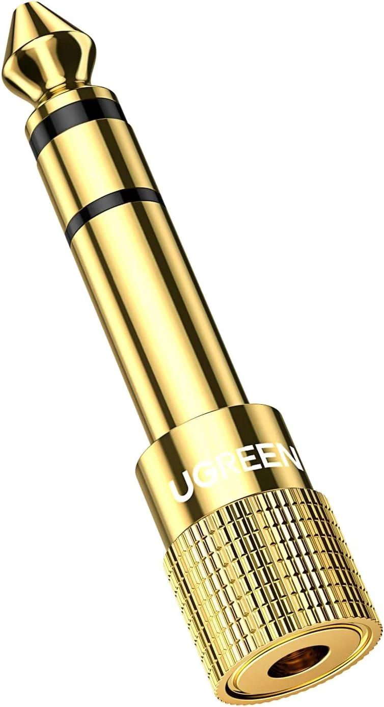 تبدیل صوتی UGREEN نر 6.35 میلی‌متری (1/4 اینچ) به مادگی 3.5 میلی‌متری (1/8 اینچ) استریو با روکش طلا، سازگار با آمپلی‌فایر، بلندگو، پیانو دیجیتال، گیتار، کامپیوتر، تلویزیون، MP3، تبلت و تلفن - 1 عدد
