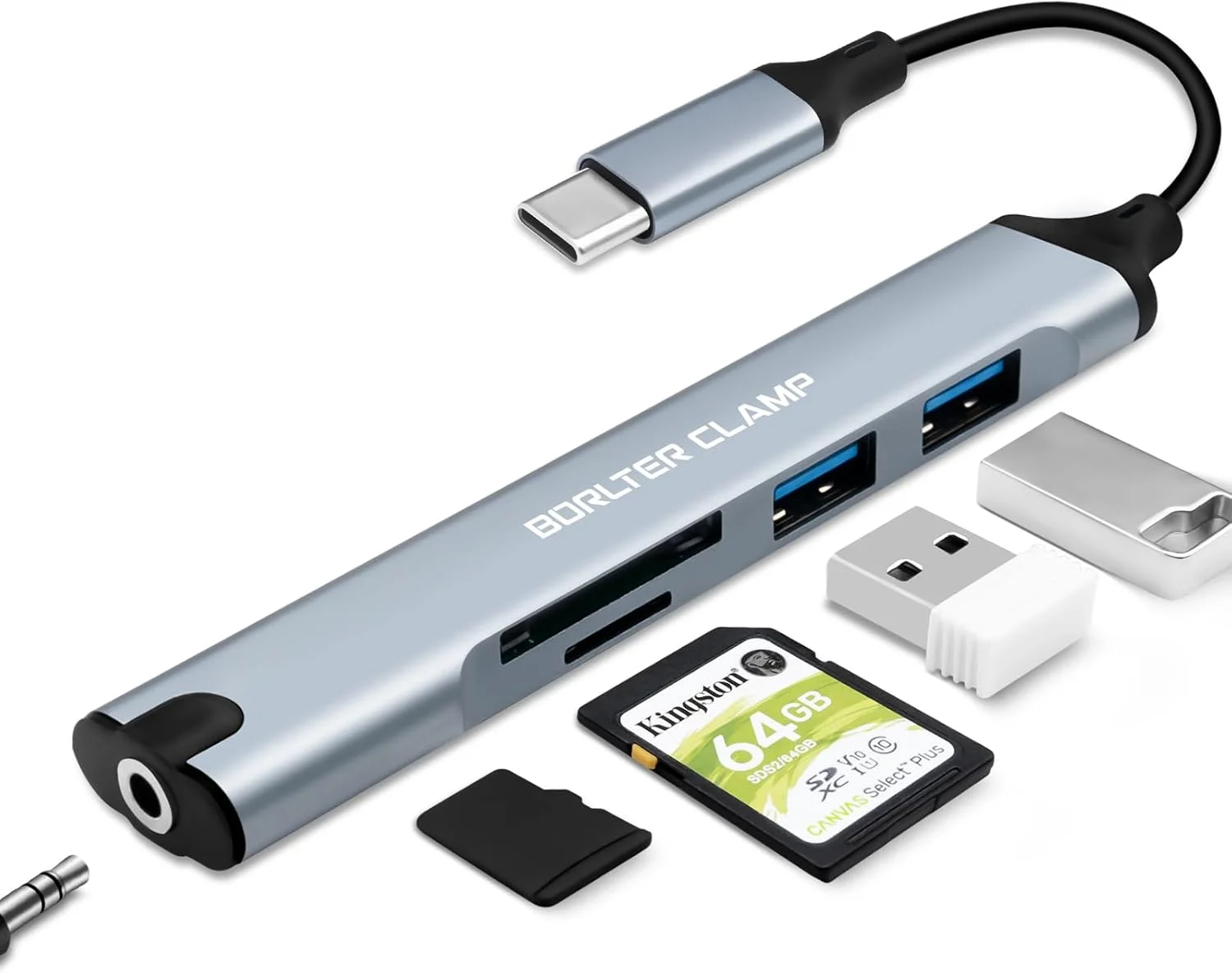 هاب USB C گیره ای BORLTER، آداپتور USB C پنج در یک با 2 پورت USB و کارت خوان، آداپتور جک هدفون 3.5 میلی متری سازگار با مک بوک، لپ تاپ، تلفن های همراه و تبلت ها