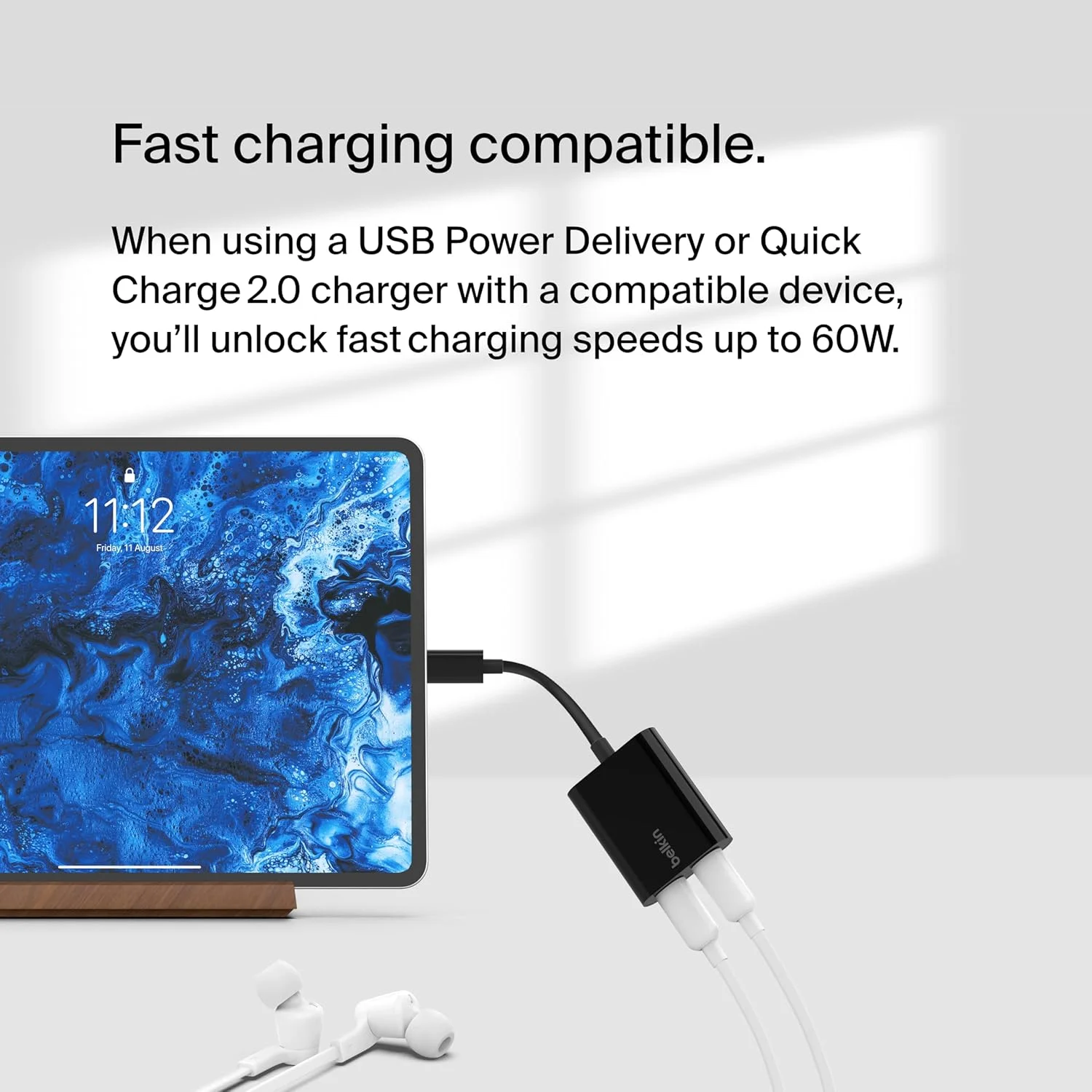 آداپتور صوتی و شارژ USB-C بلکین RockStar™، آداپتور هدفون با شارژ سریع USB-C 60W Power Delivery برای آیفون 15، آیپد پرو، گلکسی، نوت، گوگل پیکسل، ال‌جی، سونی، وان پلاس و غیره - مشکی