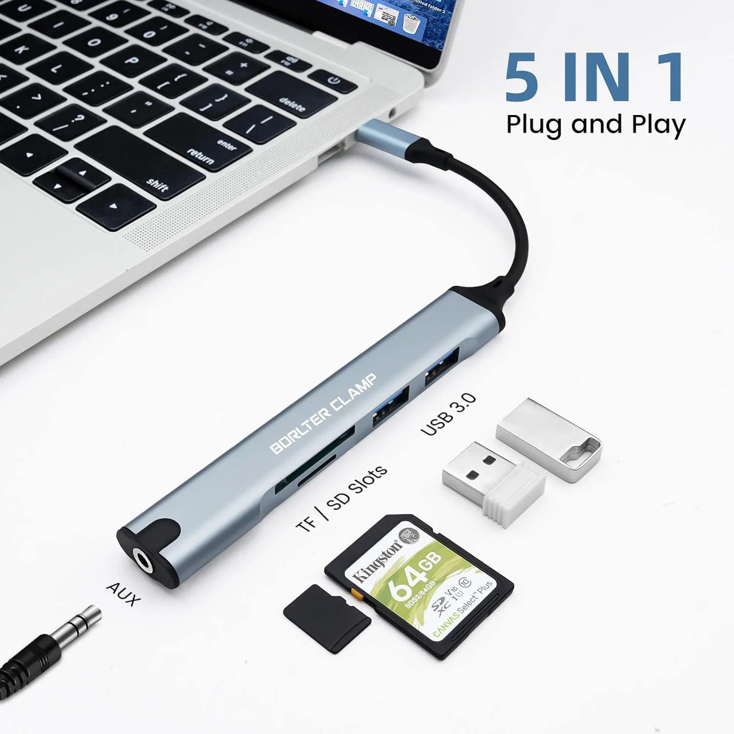 هاب USB C گیره ای BORLTER، آداپتور USB C پنج در یک با 2 پورت USB و کارت خوان، آداپتور جک هدفون 3.5 میلی متری سازگار با مک بوک، لپ تاپ، تلفن های همراه و تبلت ها