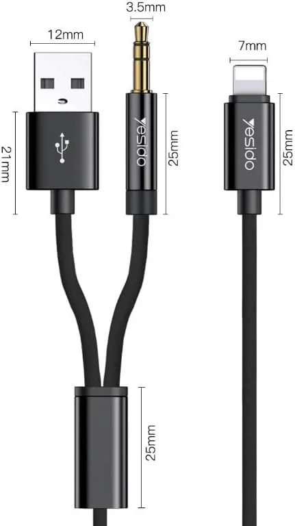 کابل صوتی 3.5 میلی‌متری Yesido YAU18 AUX آداپتور برای آیفون، کابل صوتی AUX خودرو 2 در 1 جک 3.5 میلی‌متری استریو با پورت شارژ USB سازگار برای آیفون، آداپتور صوتی موسیقی، انتقال بالا
