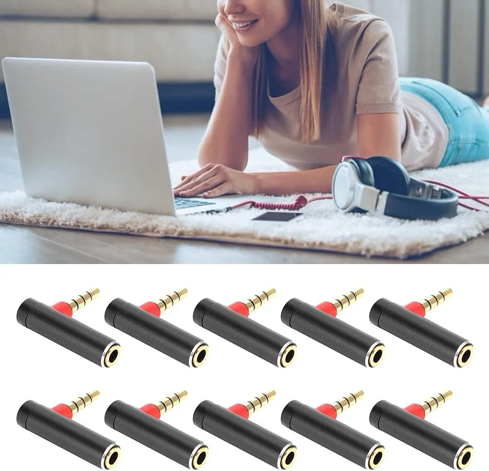 10 عدد تبدیل 3.5 میلی متری نری به مادگی 90 درجه آرنجی، اتصال دهنده جک هدفون 3.5 میلی متری زاویه دار راست برای تلفن های همراه، لپ تاپ ها و سایر دستگاه ها با پورت (مشکی)