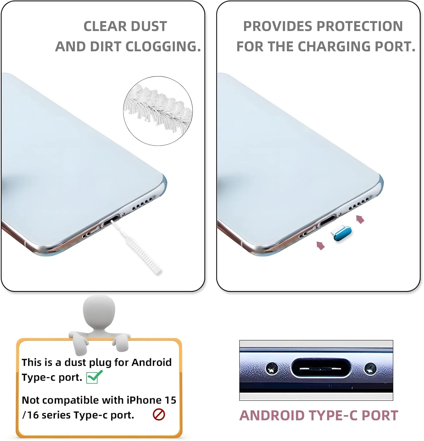 VEINARDYL 8 عدد درپوش ضد گرد و غبار Type C، محافظ پورت شارژ USB C به همراه 10 برس تمیز کننده، پوشش محافظ شارژر سازگار با Huawei، Xiaomi، OPPO، VIVO، Samsung