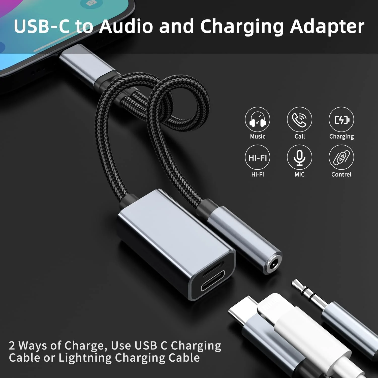 آداپتور هدفون و شارژر X spring، خاکستری، 3 در 1 USB C به جک صوتی 3.5 میلی متری با دانگل شارژ سریع، سازگار با اکثر تلفن های هوشمند و تبلت ها برای پخش موسیقی و شارژ همزمان