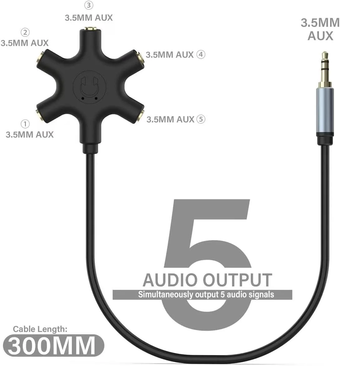 اسپلیتر صدا چندگانه هدفون، آداپتور اسپلیتر هدست استریو 3.5 میلی متری 5 طرفه، اسپلیتر هدفون برای اتصال تا 5 دستگاه برای میکس صدا، تجربیات مشترک، مناسب برای آیفون، آیپد و غیره
