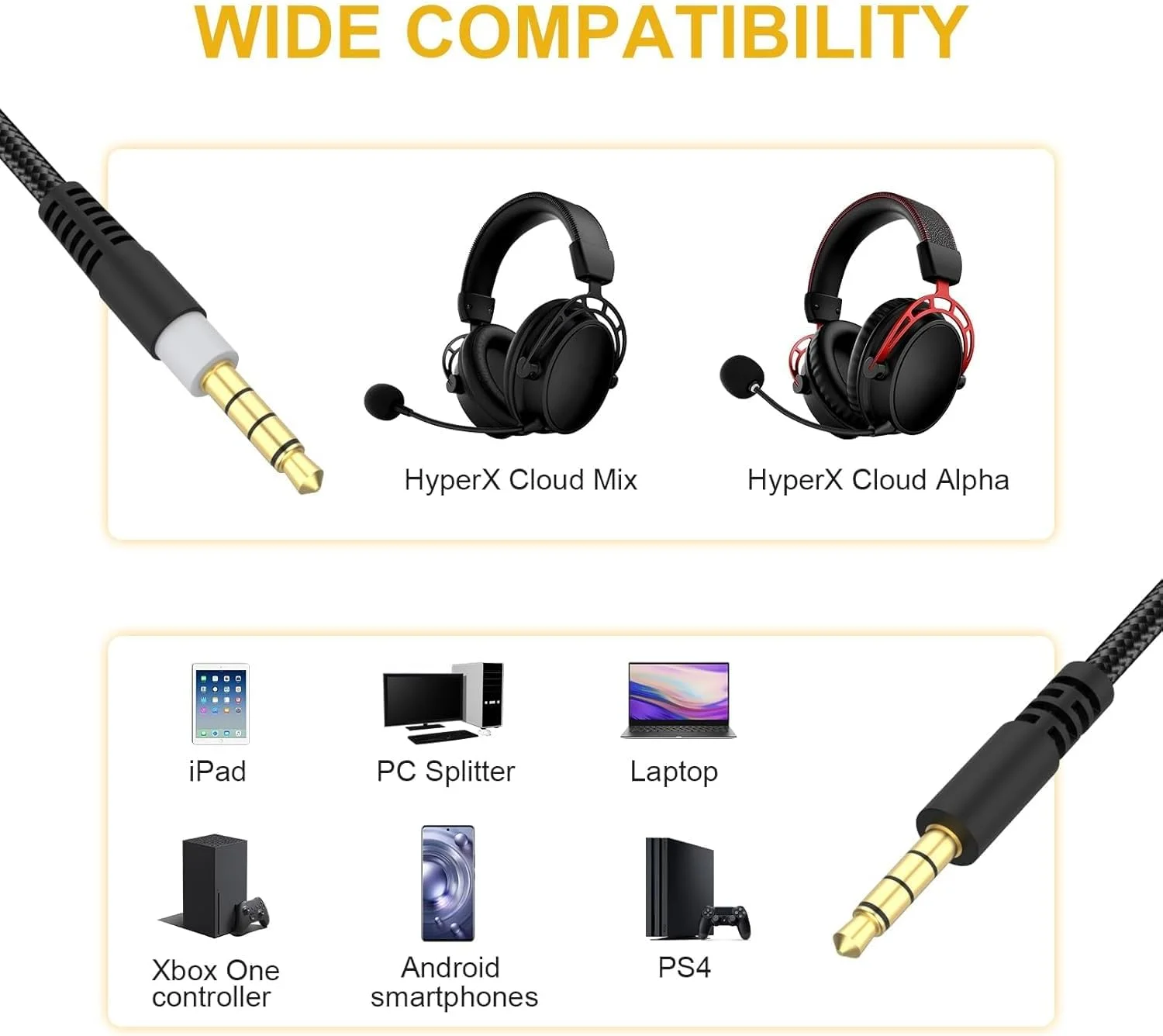 کابل صوتی AUX جایگزین 3.5 میلی‌متری، سازگار با هدست گیمینگ هایپر کلود و هایپر کلود آلفا، کابل صوتی نر به نر با کنترل صدا و قطع/وصل صدا (2 متر، بدون میکروفون)