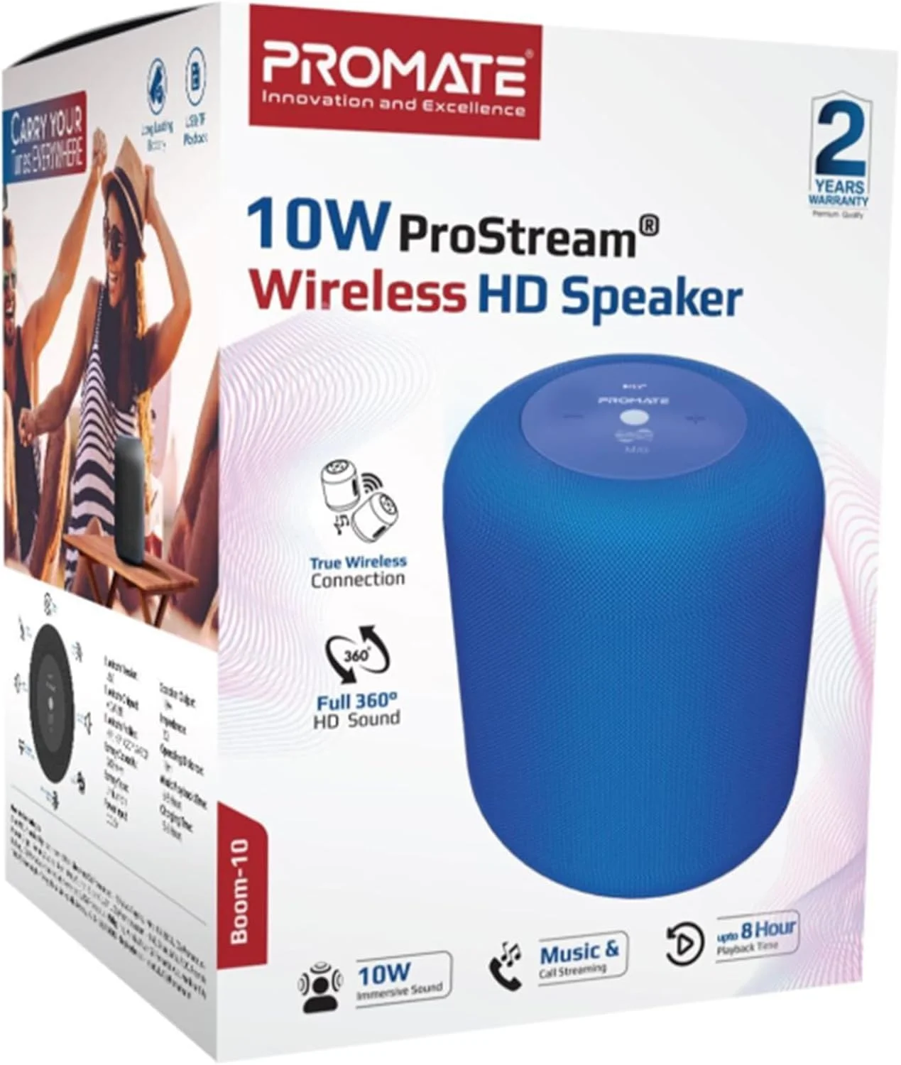 اسپیکر بلوتوثی پرومیت مدل Boom-10.Blue، اسپیکر قابل حمل بی سیم 10 واتی با صدای HD 360 درجه، 8 ساعت پخش، جک صوتی 3.5 میلی متری، پورت رسانه USB و اسلات کارت Micro SD