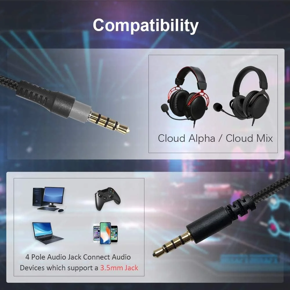 کابل جایگزین QJYTH سازگار با هدست گیمینگ Kingston Hyperx Cloud Alpha و Cloud Mix، کابل صوتی 3.5 میلی متری هدست با کنترل صدا و قطع صدا (بدون میکروفون داخلی، مشکی)