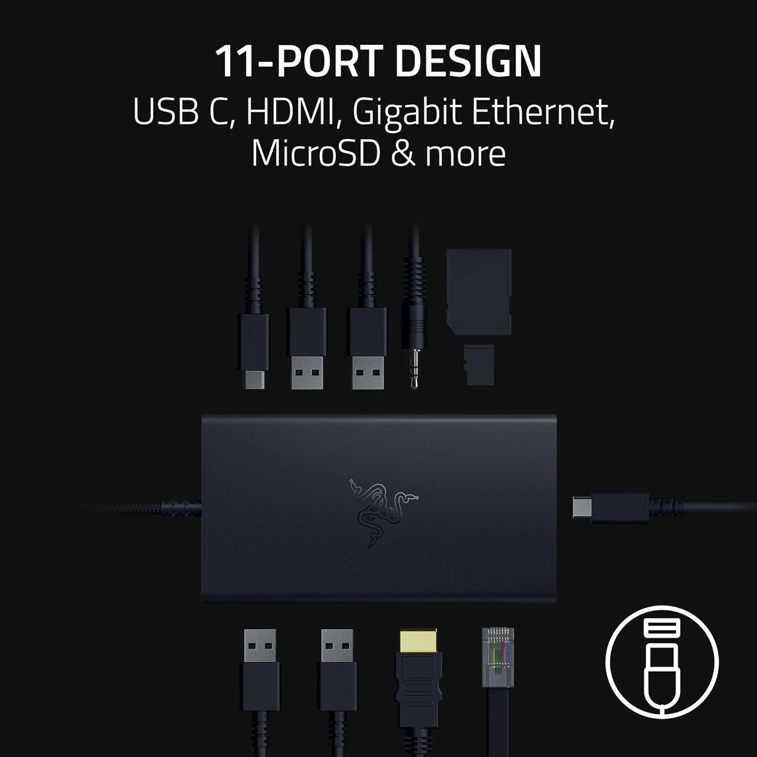 داک USB C ریزر - ایستگاه شارژ مسافرتی 11 پورت برای لپ تاپ، آیپد، سرفیس، کروم بوک و گلکسی تب ویندوز و مک: Type C، HDMI، اترنت، MicroSD - نمایشگر 4K 60 هرتز - شارژ سریع 85 واتی تبلت + موبایل