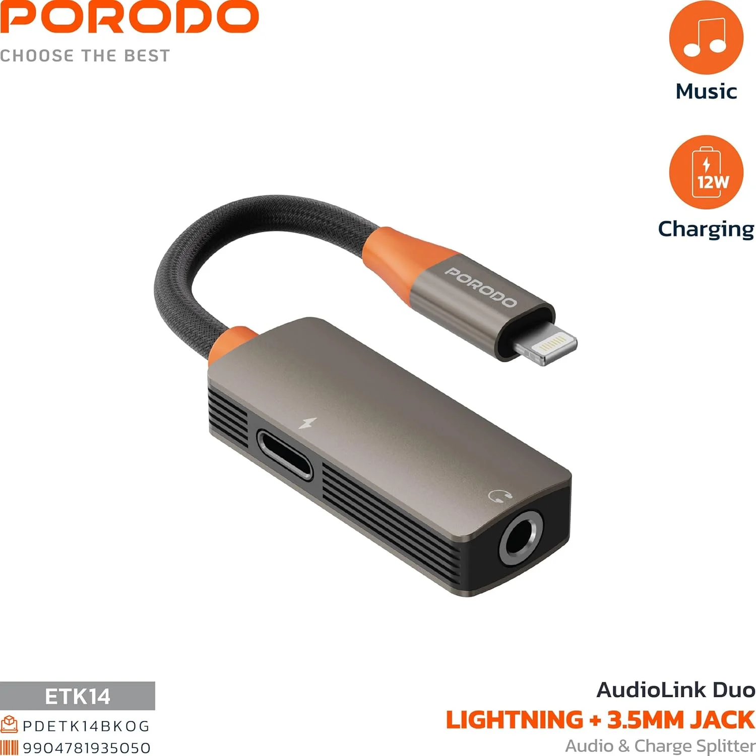 اسپلیتر صوتی و شارژر 12 واتی لایتنینگ و جک 3.5 میلی‌متری Porodo AudioLink Duo، عملکرد دوگانه برای شارژ و خروجی صدا، Plug & Play، طراحی بدون گره خوردگی، سازگار با آیفون 14/13/12/11، آیپد، آیپاد