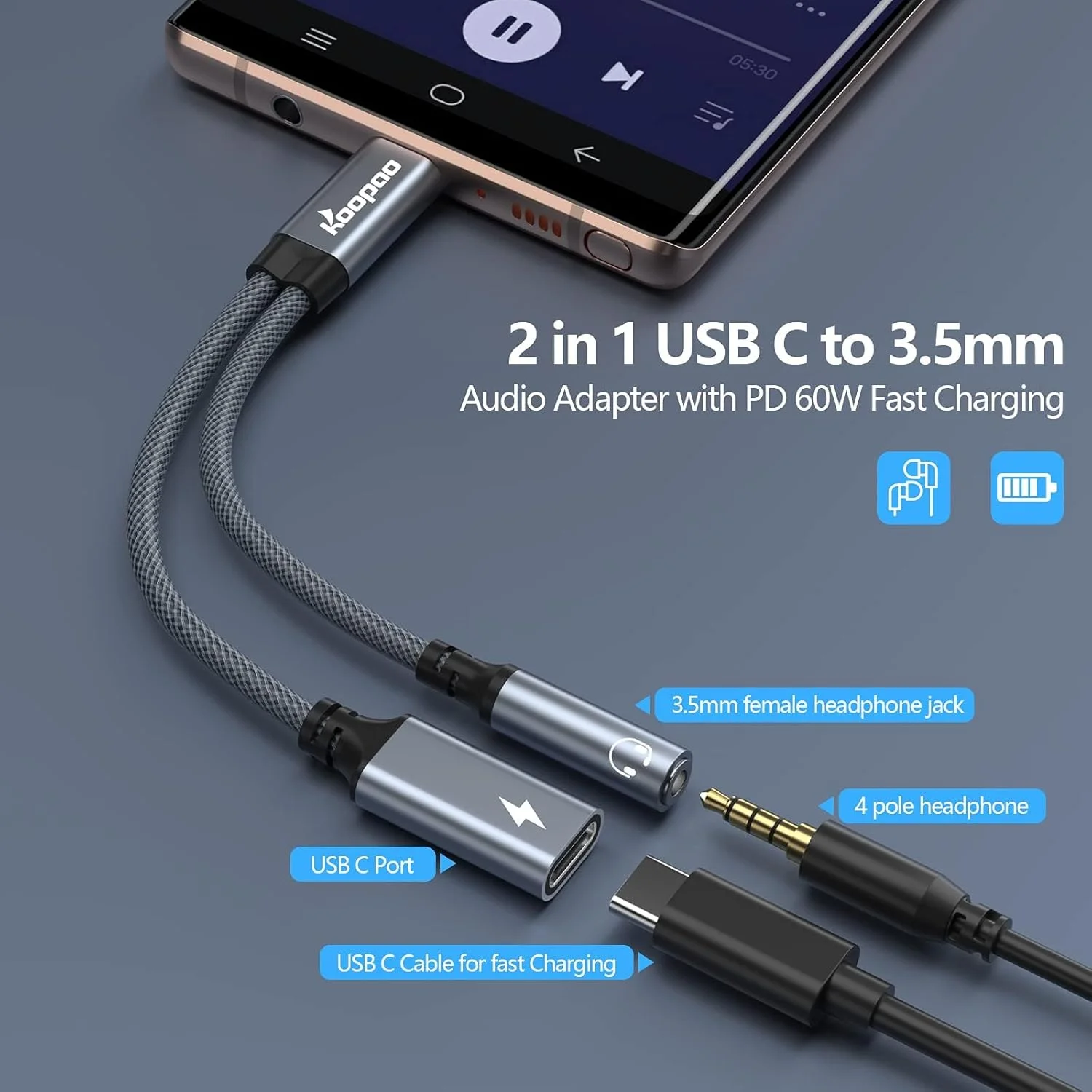 تبدیل USB C به جک 3.5 میلی‌متری هدفون و شارژر KOOPAO مدل 2 در 1 - آداپتور USB C به جک هدفون 3.5، پورت شارژ سریع USB C PD 3.0 با توان 60 وات، کابل شارژ سریع سازگار با Samsung Galaxy S23 S23+ S23 Ultra