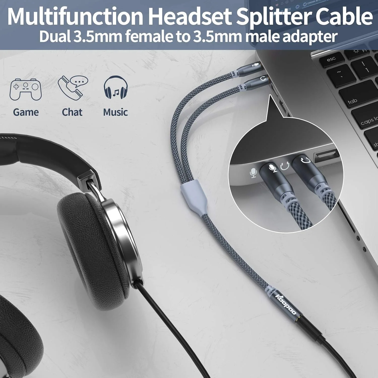 تبدیل کننده هدفون و میکروفون KOOPAO، یک پورت 3.5 میلی متری مادگی به دو پورت 3.5 میلی متری نری برای اتصال هدفون، میکروفون، کابل استریو صدا به اسپیکر، هدست گیمینگ، کامپیوتر، PS4، تبلت، لپ تاپ - خاکستری