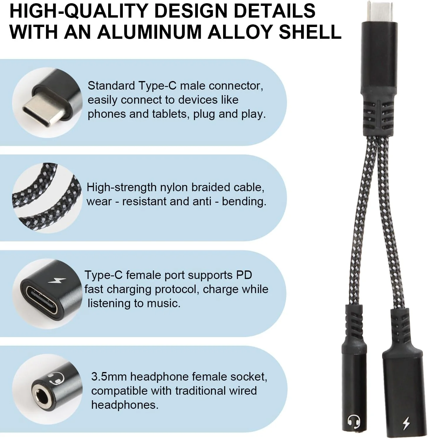 آداپتور USB-C به جک 3.5 میلی‌متری، آداپتور هدفون و شارژ 2 در 1، شارژ سریع 60 واتی PD و صدای HiFi، شارژ و گوش دادن به موسیقی 2 در 1، سازگار با تمام دستگاه‌های Type-C