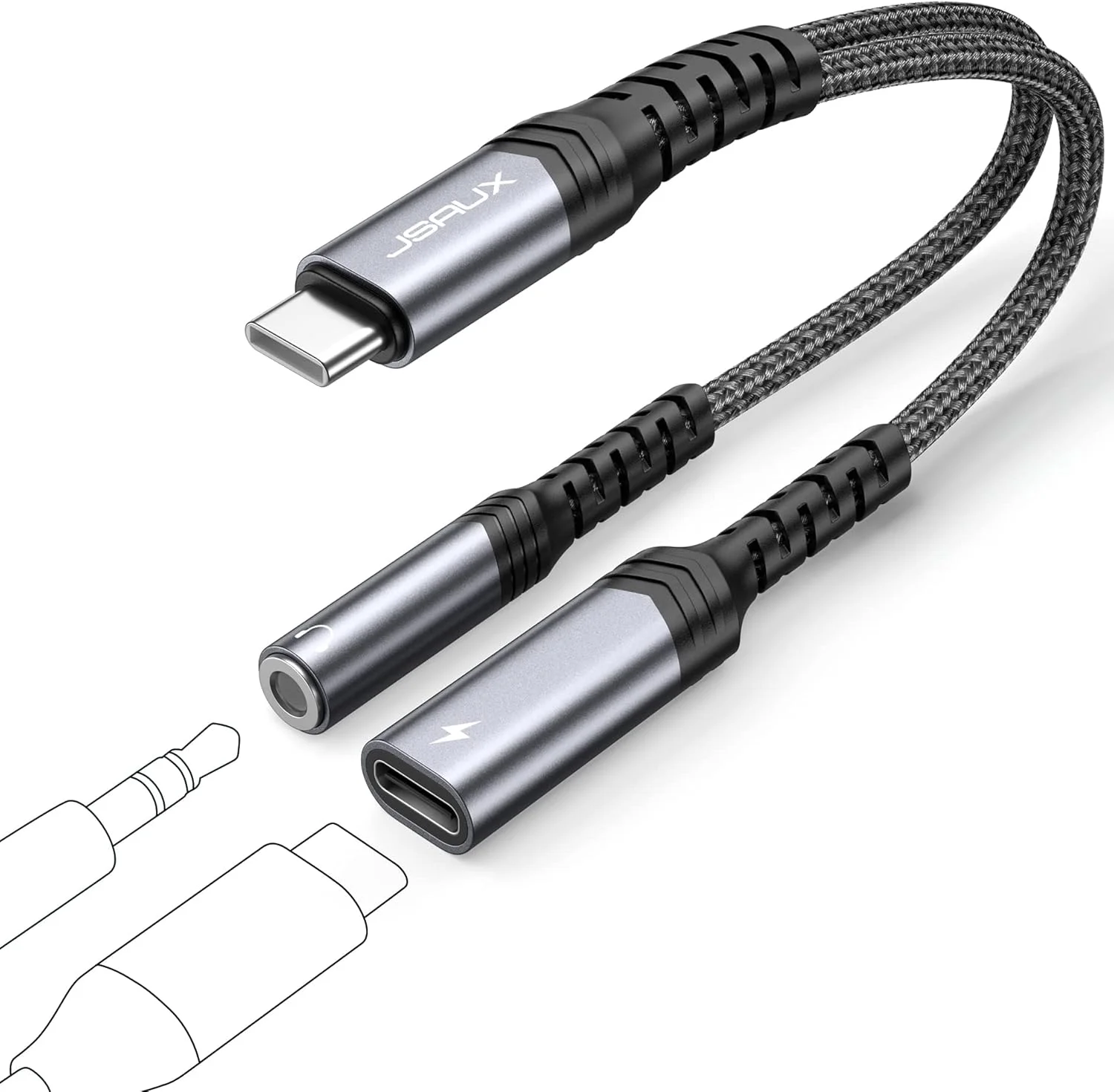 تبدیل USB C به جک هدفون 3.5 میلی‌متری و شارژر JSAUX، اسپلیتر صوتی 2 در 1 USB Type C به Aux با شارژ سریع PD 60W سازگار با سری iPhone 17 Pro Max/16&15، Galaxy S24/S23 Ultra، Pixel 7