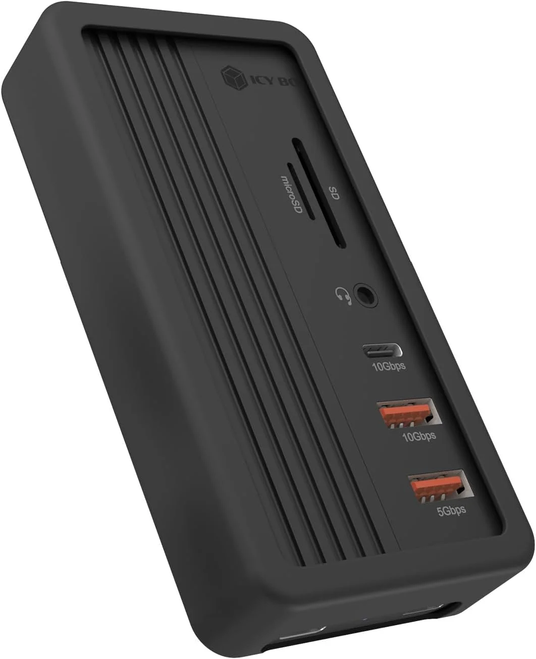 ایستگاه اتصال ۱۰ در ۱ ICY BOX IB-DK4072M-CU31 USB-C با جایگاه SSD از نوع M.2 NVMe، خروجی HDMI 4K@60Hz، توان رسانی ۱۰۰ واتی، شبکه گیگابیتی، کارت خوان، صدا و بدنه آلومینیومی