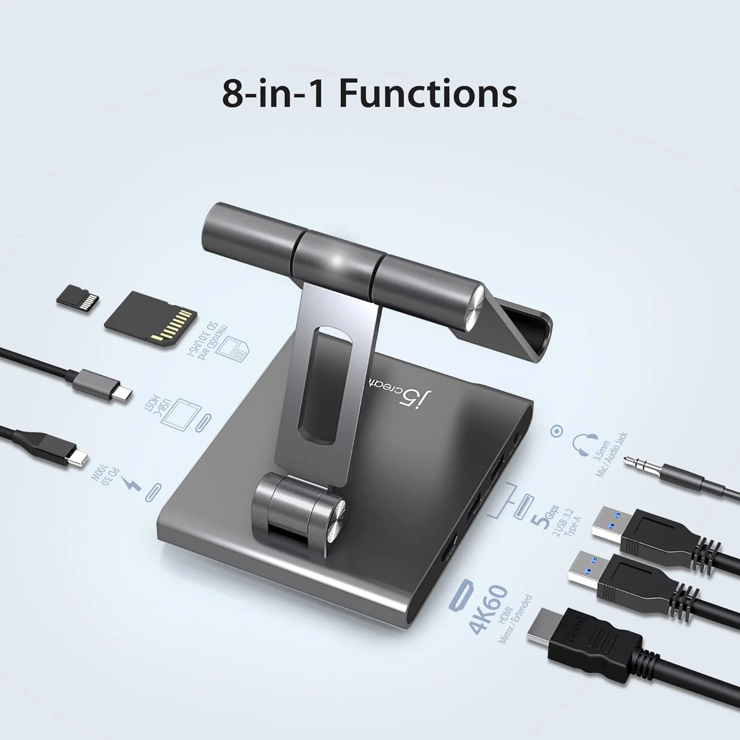 پایه تبلت قابل تنظیم j5create با ایستگاه اتصال USB Type-C برای آیپد پرو/ایر/مینی: HDMI 4K60، 2 عدد USB-A 5Gbps، شارژ PD 100W، کارت خوان microSD/SD، جک صوتی 3.5 میلی متری (JTS224)