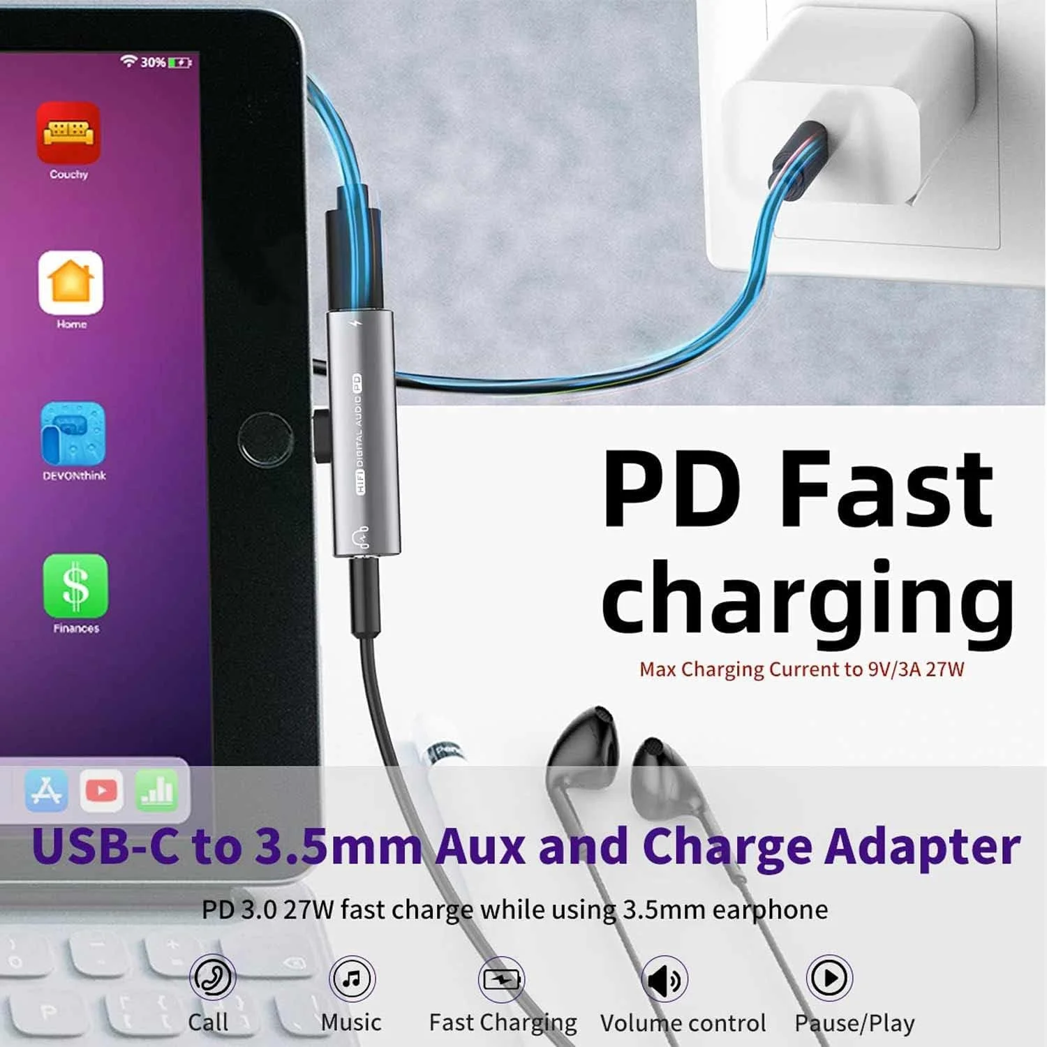تبدیل USB-C به جک 3.5 میلی‌متری هدفون و شارژر 2 در 1، آداپتور هدفون با شارژ سریع 27 واتی، سازگار با Galaxy S22 S21 S20 S20+ Note 20 Pixel 6/5/3/4 XL