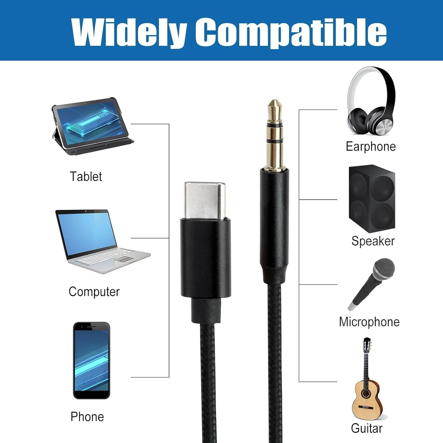 کابل USB نوع C به AUX مدل TERRIFI، کابل جک صوتی 3.5 میلی متری AUX، USB C به 3.5 میلی متری مناسب برای هدفون، بلندگو، کامپیوتر، سیم استریو 3.5 میلی متری جهانی، آداپتور کابل AUX سازگار با Samsung Huawei