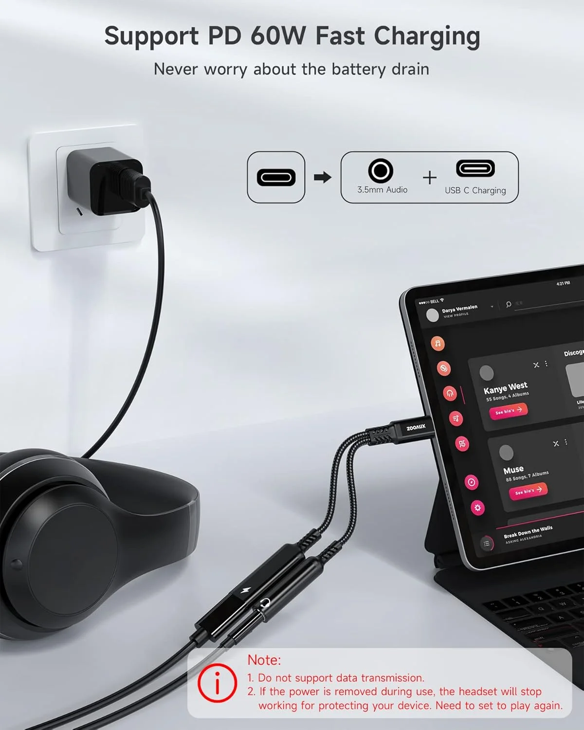 آداپتور USB-C به 3.5 میلی‌متری صدا و شارژر ZOOAUX، کابل تبدیل 2 در 1 Type-C به جک هدفون AUX با شارژ سریع PD 60W برای آیفون 16/15، گلکسی S25/S24/S23 Ultra، آیپد پرو، پیکسل (مشکی)