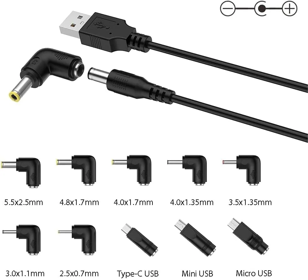 کابل برق USB به DC 5 ولت با کانکتور 5.5 2.1 میلی‌متری و 10 سری کانکتور مختلف