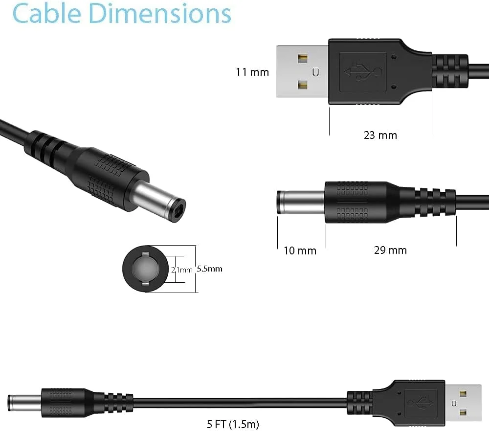 کابل برق USB به DC 5 ولت با کانکتور 5.5 2.1 میلی‌متری و 10 سری کانکتور مختلف