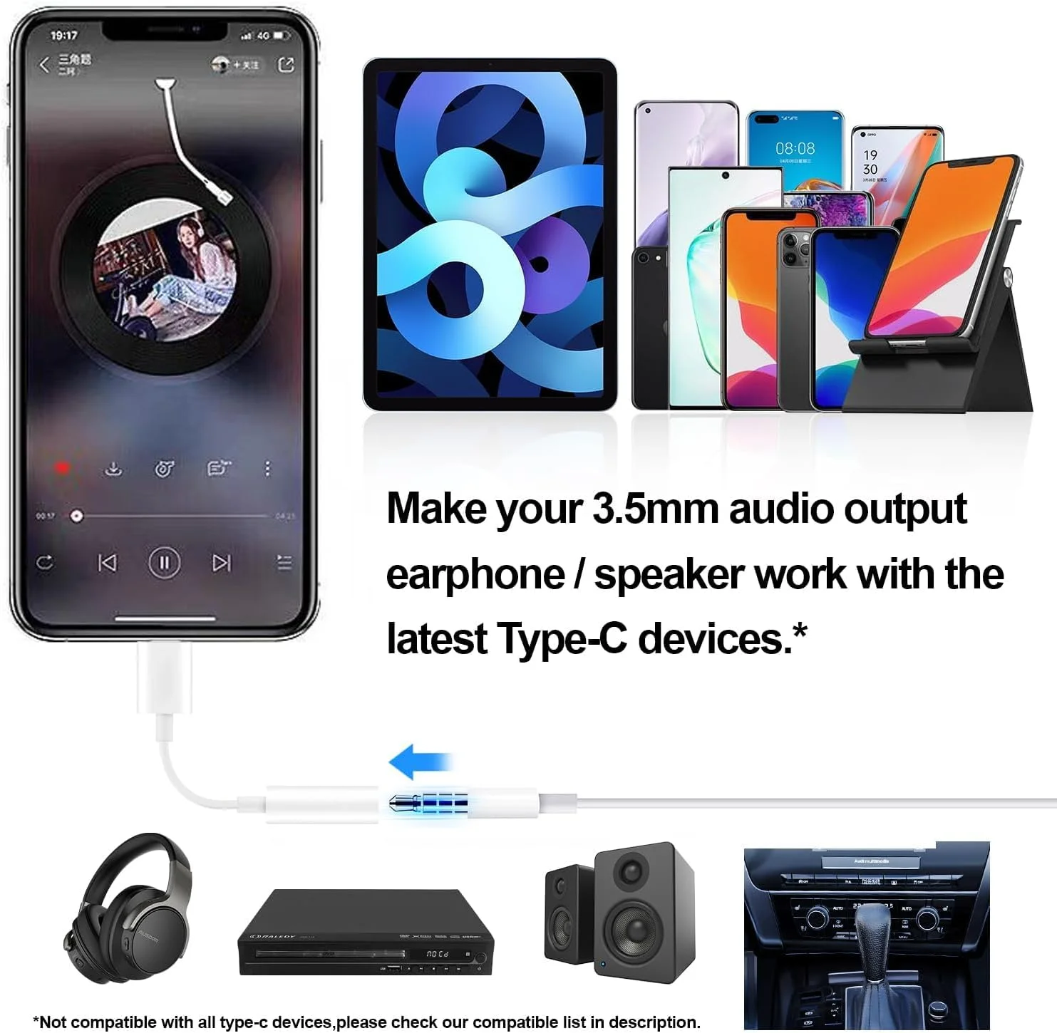 تبدیل کننده USB Type-C به جک هدفون 3.5 میلی متری، کابل AUX خودرو برای گوشی های سامسونگ و گوگل پیکسل و آیپد