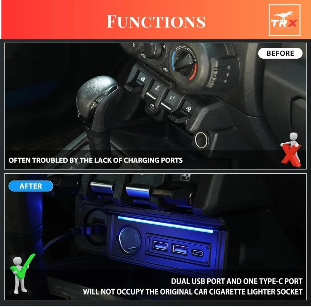 شارژر فندکی خودرو TRX AUTO برای سوزوکی جیمنی JB64 JB74 مدل 2019 تا 2025 | آداپتور چندگانه 3 پورت با Type-C PD، USB QC3.0 و جک 12 ولت | لوازم جانبی مناسب برای سوزوکی جیمنی 2 در و 4 در